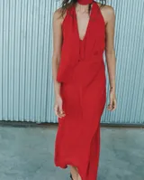 Zara czerwona sukienka z otwartymi plecami i halter dekoltem – Tył
